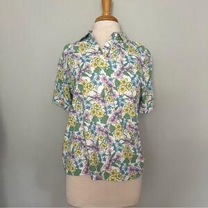 Leon Levin Vintage White Pastel Floral Collared Polo Shirt Size L